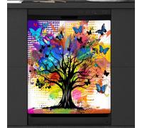 Mexpekil Housse magnétique pour lave-vaisselle, papillon coloré, arbre heureux, aquarelle, autocollant magnétique pour lave-vaisselle, cuisine, décoration artistique