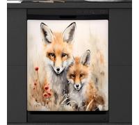 Mexpekil Housse magnétique pour lave-vaisselle, renard, père, fille, mère, compagnon, dessin à l'encre animal, autocollant magnétique pour lave-vaisselle, cuisine, décoration artistique