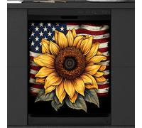 Mexpekil Housse magnétique pour lave-vaisselle, tournesol, drapeau américain, patriotisme, style rétro, autocollant magnétique pour lave-vaisselle, cuisine, décoration artistique