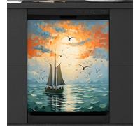 Mexpekil Housse magnétique pour lave-vaisselle, voilier, coucher de soleil, mouette, mer, autocollant magnétique pour lave-vaisselle, cuisine, décoration artistique