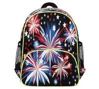 Mexpekil Independense Day Sac à dos de voyage léger et imperméable pour enfants avec sangle de poitrine et porte-bouteille d'eau Motif feu d'artifice Drapeau des États-Unis
