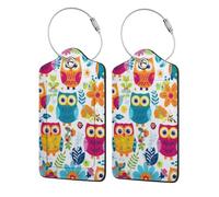 Mexpekil Lot de 2 étiquettes de bagage avec anneaux en acier inoxydable - Étiquettes en cuir - Couleur vive - Motif hiboux - Identificateur de bagages de voyage - Protection de la vie privée