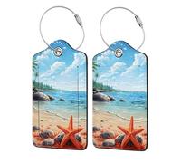 Mexpekil Lot de 2 étiquettes de bagages avec anneaux en acier inoxydable - Étiquettes en cuir - Étoile de mer - Cocotier - Identifiant de bagages de voyage - Protection de la vie privée - Étiquettes