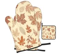 Mexpekil Lot de 3 gants de cuisine et maniques marron à motif feuilles d'érable - Résistants à la chaleur et antidérapants - 1 paire de gants de four et 1 tapis de maniques pour la cuisson, le
