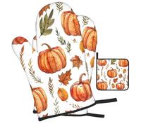 Mexpekil Lot de 3 gants de cuisine et maniques - Motif feuilles d'automne et citrouilles - Résistants à la chaleur - Antidérapants - 1 paire de gants de cuisine et 1 tapis de cuisson pour barbecue