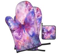 Mexpekil Lot de 3 gants de cuisine et maniques violets en forme de papillon pour peinture à l'huile, résistants à la chaleur, antidérapants, 1 paire de gants de cuisine, 1 tapis de manique pour la