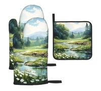 Mexpekil Lot de 3 gants de cuisine résistants à la chaleur et maniques - Motif paysage de forêt et rivière - Imperméables - Pour cuisine, pâtisserie, grillades, barbecue