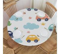 Mexpekil Nappe ronde avec bords élastiques - Motif voitures et nuages - Facile à nettoyer - Résistante à l'huile - Pour table de cuisine et salle à manger - 101,6 à 111,8 cm de diamètre