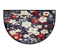 Mexpekil Paillasson demi-lune avec fleurs rouges et bleues pour intérieur et extérieur - Tapis de sol antidérapant - Lavable - Demi cercle - Absorbant - Tapis demi-rond pour entrée, 61 x 91 cm