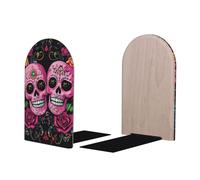 Mexpekil Paire de serre-livres en bois rose avec motif crânes roses pour étagères, support de livre robuste et antidérapant pour bureau, bibliothèque pour lecteurs