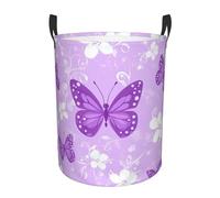 Mexpekil Panier à linge pliable avec poignées - Grand panier à linge étanche pour jouets d'enfants, vêtements sales, livres (papillon violet, fleurs blanches)