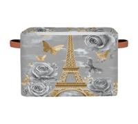 Mexpekil Panier de rangement pliable avec poignée, rose et papillon, tour Eiffel doré, boîte de rangement pour jouets pour chiens, boîtes de rangement pour étagères