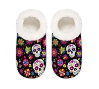 Mexpekil Pantoufles antidérapantes pour femme avec motif tête de mort et fleurs, Motif tête de mort en sucre, Large/XX-Large