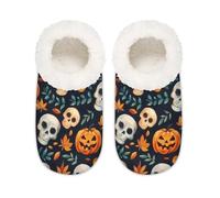 Mexpekil Pantoufles antidérapantes pour femme, motif citrouilles, tête de mort, feuille d'érable, Dessin animé citrouilles crâne feuille d'érable, Large/XX-Large
