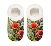 Mexpekil Pantoufles antidérapantes pour femme Motif coquelicot Herb Daisy Rouge, Marguerite aux herbes et coqueli, Large