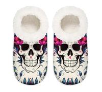 Mexpekil Pantoufles antidérapantes pour femme Motif tête de mort et fleurs, Crâne Fleur Feuilles, Medium/Large