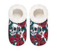 Mexpekil Pantoufles antidérapantes pour femme Motif tête de mort Rose Florals, Tête de mort à fleurs roses, Large
