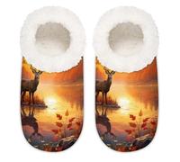 Mexpekil Pantoufles antidérapantes pour femmes, hommes et femmes, motif cerf, forêt, rivière, coucher de soleil, Fall Forest River Coucher de soleil Cerf, Large/XX-Large
