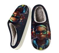 Mexpekil Pantoufles chaudes et confortables en mousse à mémoire de forme | Chaussons chauds à enfiler pour intérieur et extérieur Motif garçon qui aime la musique Noir