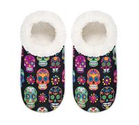 Mexpekil Pantoufles colorées avec motif tête de mort en sucre pour femmes, hommes et femmes, Motif crâne en sucre coloré, Large/XX-Large