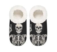 Mexpekil Pantoufles drôles avec tête de mort squelette humain pour femme, pantoufles pelucheuses antidérapantes pour femmes hommes dames, Crâne squelette humain drôle, Large/XX-Large