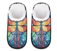 Mexpekil Pantoufles moelleuses pour femmes et hommes, Art de libellule en vitrail, 4/7 UK Wide