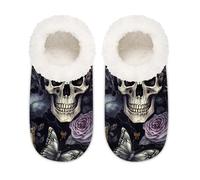 Mexpekil Pantoufles rétro antidérapantes pour femme avec tête de mort et rose et papillon, Rétro Crâne Rose Papillon, Large/XX-Large