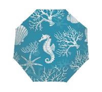 Mexpekil Parapluie compact Ocean Seahorse Coral Starfish Travel Strong Wind Auto Folding UV Protection Sun Rain Umbrella