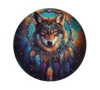 Mexpekil Petit tapis de souris rond avec base en caoutchouc antidérapant, motif attrape-rêves, loup, avec bords cousus, accessoires de bureau pour le travail, les jeux, 20,3 cm