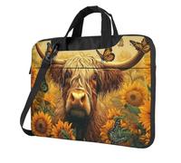 Mexpekil Sac à bandoulière étanche pour ordinateur portable avec sangle pour homme et femme, Vache des Highlands Tournesols, 14 Inch