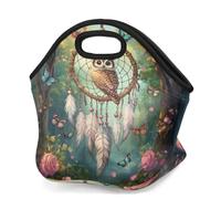 Mexpekil Sac à déjeuner isotherme en néoprène pour femmes, hommes, adultes, enfants, attrape-rêves, hibou, forêt, sac de pique-nique portable pour travail, camping