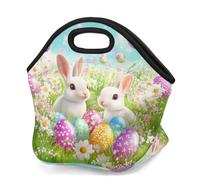 Mexpekil Sac à déjeuner isotherme en néoprène pour femmes, hommes, adultes, enfants, lapin, floral, œuf, herbe, boîte à déjeuner portable pour le travail, le camping