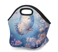Mexpekil Sac à déjeuner isotherme en néoprène pour femmes, hommes, adultes, enfants, motif papillon volant bleu floral, sac de pique-nique portable pour le travail, le camping