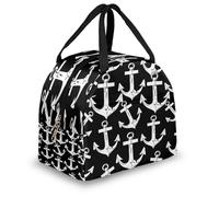 Mexpekil Sac à déjeuner isotherme noir et blanc motif ancre de mer pour enfants et adultes, sac à déjeuner isotherme pour l'école, le travail, les voyages