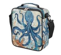Mexpekil Sac à déjeuner rétro bleu océan Octopus Word Map enfants garçons filles boîte à déjeuner carrée isotherme réutilisable pour l'école, pique-nique, voyage