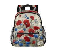 Mexpekil Sac à dos avec sangle de poitrine pour filles et garçons - Motif coquelicots et marguerites - Rouge et bleu