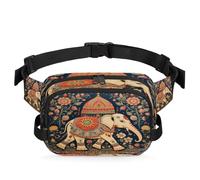 Mexpekil Sac banane avec fermeture éclair bidirectionnelle et sangle réglable - Motif éléphant et fleur d'Inde - Birmanie - Style Asie du Sud-Est, Noir