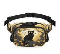 Mexpekil Sac banane avec fermeture éclair bidirectionnelle - Motif chat noir mystérieux sur l'arbre mort - Sac banane hydrofuge avec sangle réglable, Noir