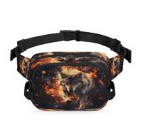 Mexpekil Sac banane avec fermeture éclair bidirectionnelle, motif loups venant de la lumière du feu, sac banane hydrofuge avec sangle réglable, Noir