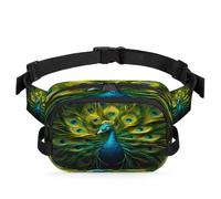 Mexpekil Sac banane avec fermeture éclair bidirectionnelle - Motif paon avec paillettes dorées - Magnifique et réaliste - Étanche - Avec sangle réglable, Noir