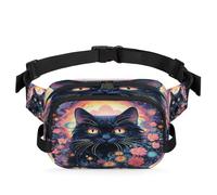 Mexpekil Sac banane avec fermeture éclair bidirectionnelle réaliste pour vacances à la plage, motif chat aquarelle, sac banane hydrofuge avec sangle réglable, Noir