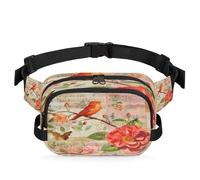 Mexpekil Sac banane, oiseau sur partition de musique - Grande fleur rouge rétro - Fermeture éclair bidirectionnelle - Sac banane hydrofuge avec sangle réglable, Noir