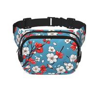 Mexpekil Sac banane rouge et blanc avec motif floral de cerisier du Japon pour homme et femme, sac banane imperméable et tendance avec sangle réglable pour la course à pied et la randonnée,