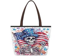 Mexpekil Sac fourre-tout réutilisable pour femme, crâne squelette, drapeau américain, grande capacité, joli sac à bandoulière pour le shopping, les courses, le travail, le livre, Crâne squelette