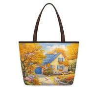 Mexpekil Sac fourre-tout réutilisable pour femme, maison, jardin, village de fleurs, grande capacité, joli sac à bandoulière pour le shopping, les courses, le travail, le livre, Village de fleurs de