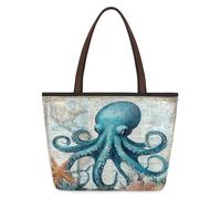 Mexpekil Sac fourre-tout réutilisable pour femme, motif pieuvre de l'océan vintage et carte du monde, grande capacité, joli sac à bandoulière pour le shopping, les courses, le travail, le livre