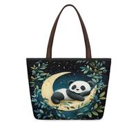 Mexpekil Sac fourre-tout réutilisable pour femme, sac à bandoulière mignon de grande capacité pour le shopping, les courses, le travail, le livre, Panda Moon, Medium