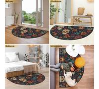 Mexpekil Tapis de porte bohème motif tête de mort et fleurs - Demi lune - Pour intérieur et extérieur - Antidérapant - Lavable - Absorbant - Demi-rond - 100 x 160 cm
