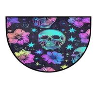 Mexpekil Tapis de porte intérieur et extérieur avec motif tête de mort et fleurs fluo - Tapis de sol antidérapant lavable - Tapis demi-rond - Attrape la saleté - 61 x 91 cm
