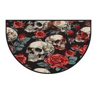Mexpekil Tapis de sol demi-rond antidérapant lavable - Motif tête de mort et rose - Pour intérieur et extérieur - 100 x 160 cm